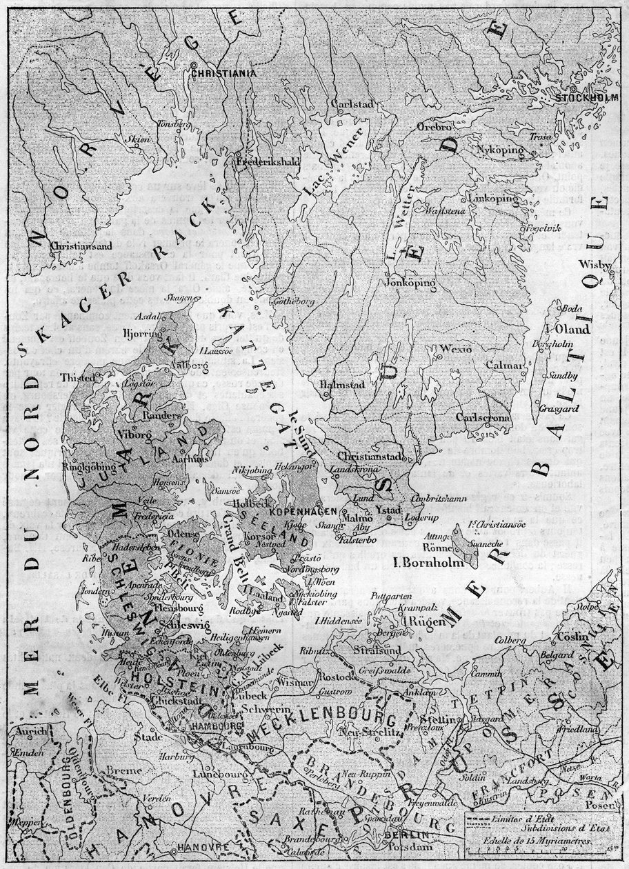 1861年のデンマークの地理的地図、シュレスヴィヒ、ホルスタイン、ローエンブルクの各公爵が描かれている。1861年2月9日付「Le Monde Illustré」200号に掲載された図版。 作： フランス語学校