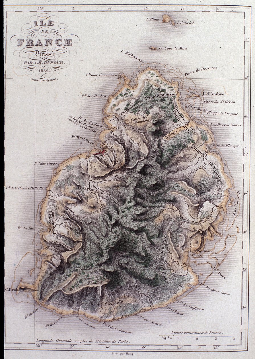 モーリシャスの地理地図（Anc.Ile de France） - 彫刻 作： フランス語学校