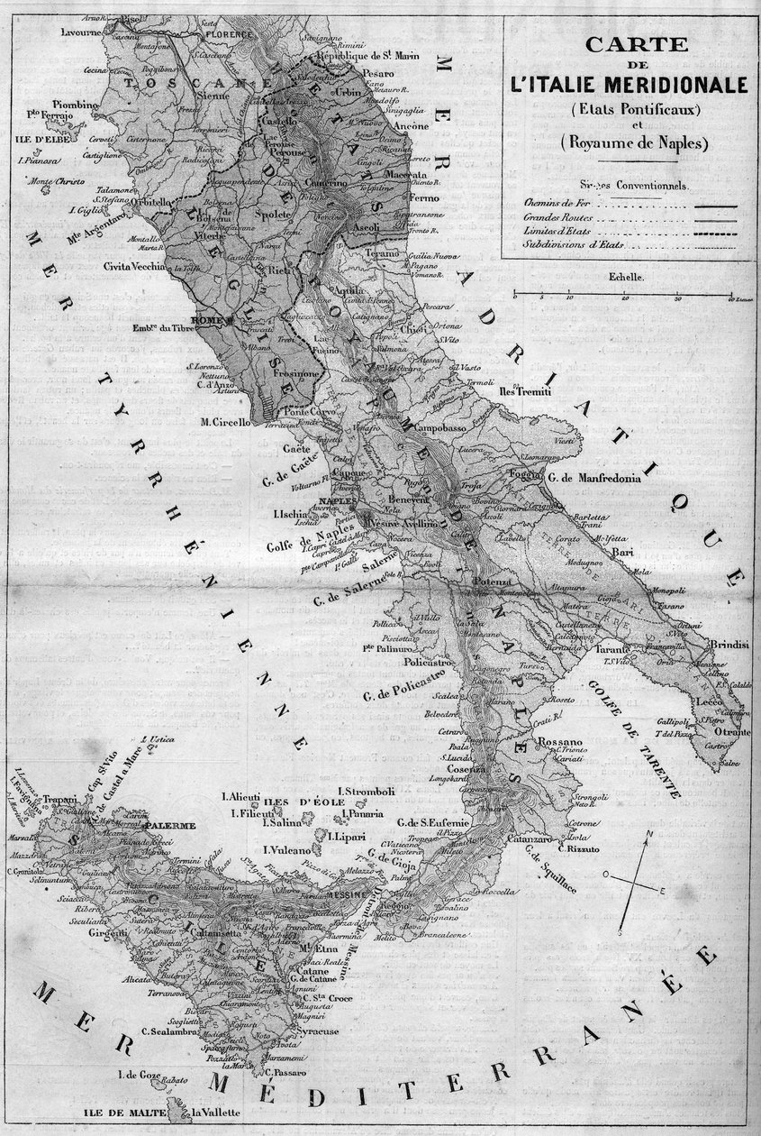1860年のメリディオナル・イタリアの地理的地図。教皇庁管区とナポリ王国。1860年5月26日付「Le Monde Illustré」163号に掲載された図版。 作： フランス語学校
