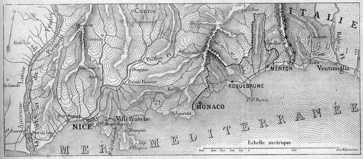 1861年のモナコ公国の地理的地図、ロックブルヌ市とマントンがフランスに加盟する前のもの。1861年2月23日付「Le Monde Illustré」202号に掲載された図版。 作： フランス語学校