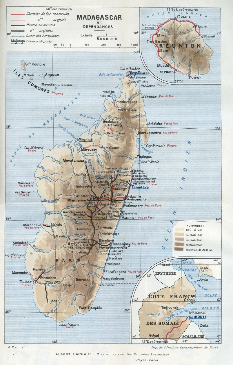 マダガスカルの植民地とその属領、レユニオン、ソマリアのフランス海岸の地理地図。 作： フランス語学校
