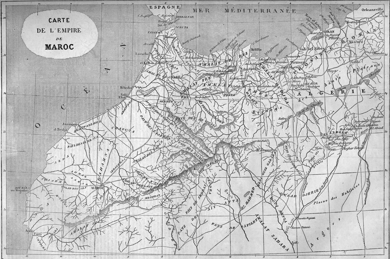 859年のモロッコ帝国の地理的地図。1859年10月1日付「Le Monde Illustré」129号に掲載された図版。 作： フランス語学校