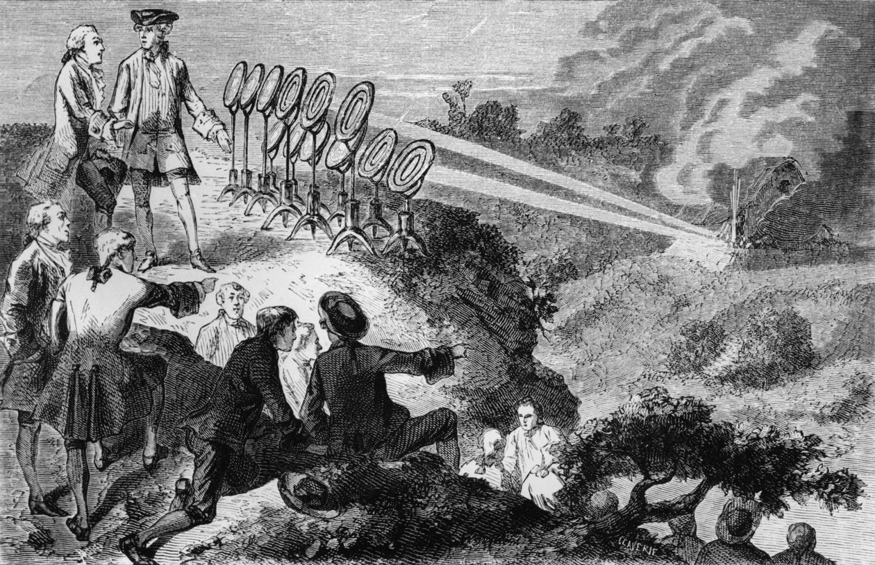 Georges-Louis Leclerc（1707-88）モンドバールで干し草の山の上の燃え盛る鏡を実験しているドゥフォン伯爵、1872年にパリで出版されたLouis FiguierによるLa Vie des Savants Illustresから（bw p 作： フランス語学校