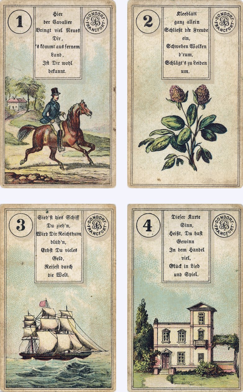 Lenormandフランスのカートマットデッキのドイツ語版：ライダー、クローバー、船、家、ドンドルフ発行、フランクフルト、19世紀 作： フランス語学校