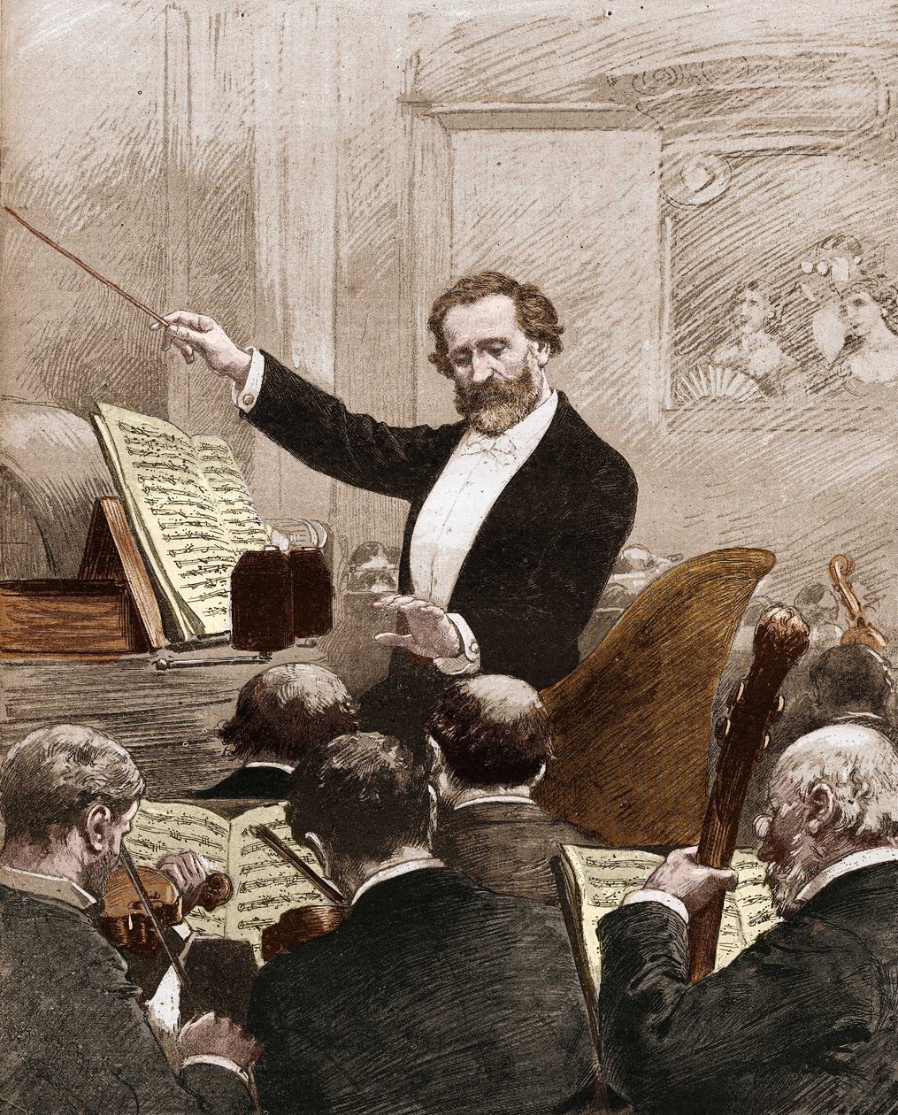 1880年にパリで行われた「アイーダ」の初演で、オペラ・オーケストラを率いて登場したジュゼッペ・ヴェルディ。 作： フランス語学校