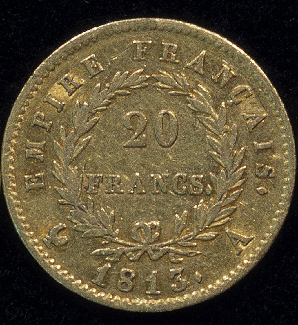 1813年の20フラン金貨（ナポレオン）、裏面。 作： フランス語学校
