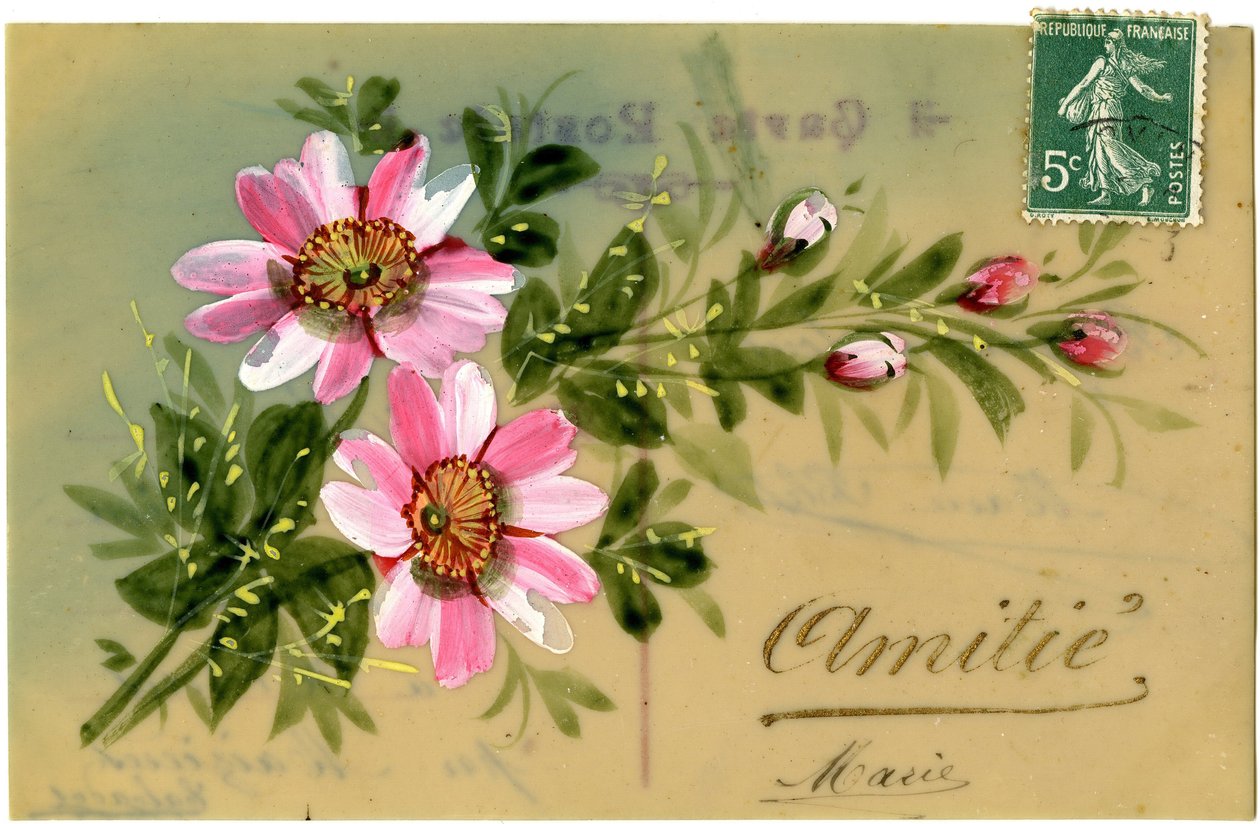 草花で挨拶。20世紀初頭の絵葉書。 作： フランス語学校