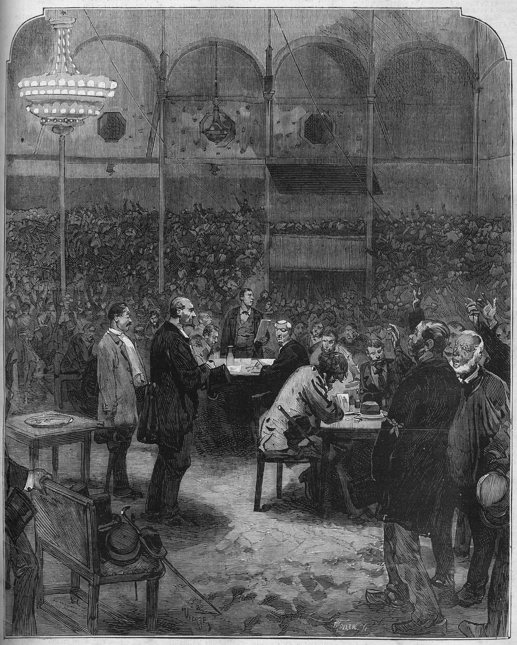 1878年のGreve des cochers de charres de Paris: フェルナンドサーカスのプティット・カーズ(Petite-Cars)の会社の代表者の選挙。1878年8月17日の "Le Monde Illustré" n°1116に掲載されたエングレーヴィング。 作： フランス語学校