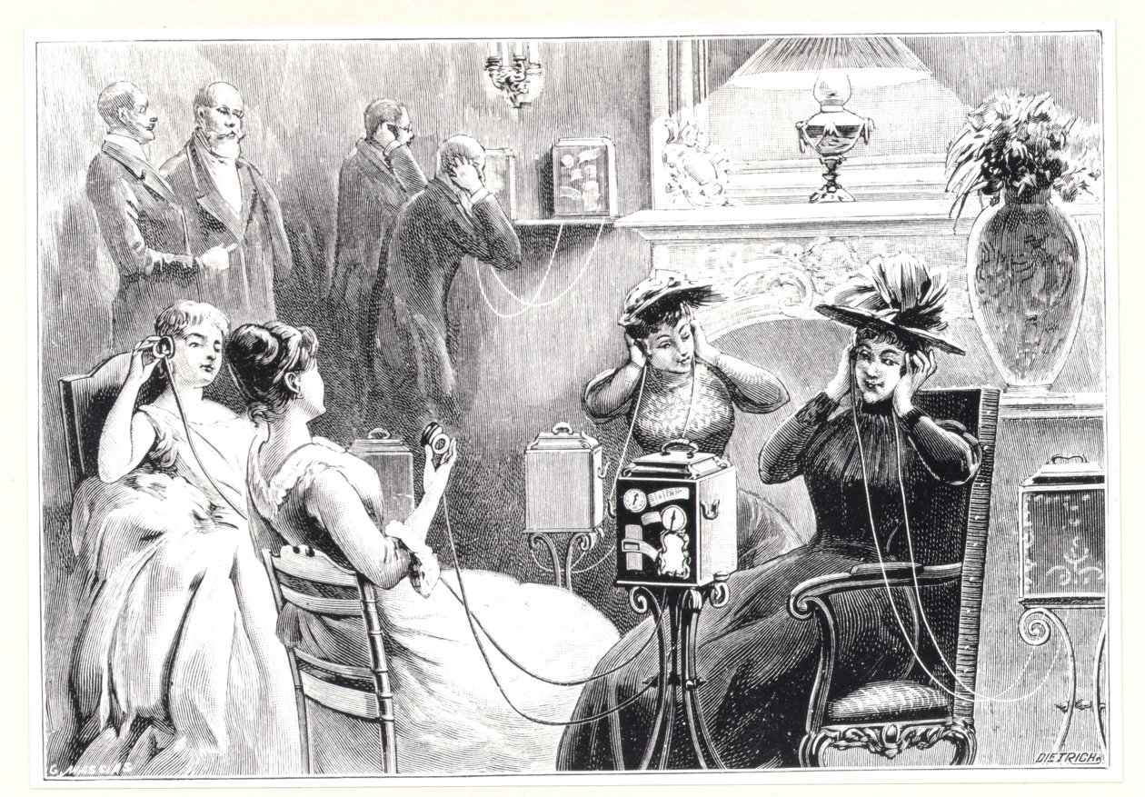 1892年に出版されたLa NatureのMarinovitchsとSzarvadys Theatrophoneのオペラまたは劇場公演の直接中継を聞くパリのホテルのゲスト 作： フランス語学校