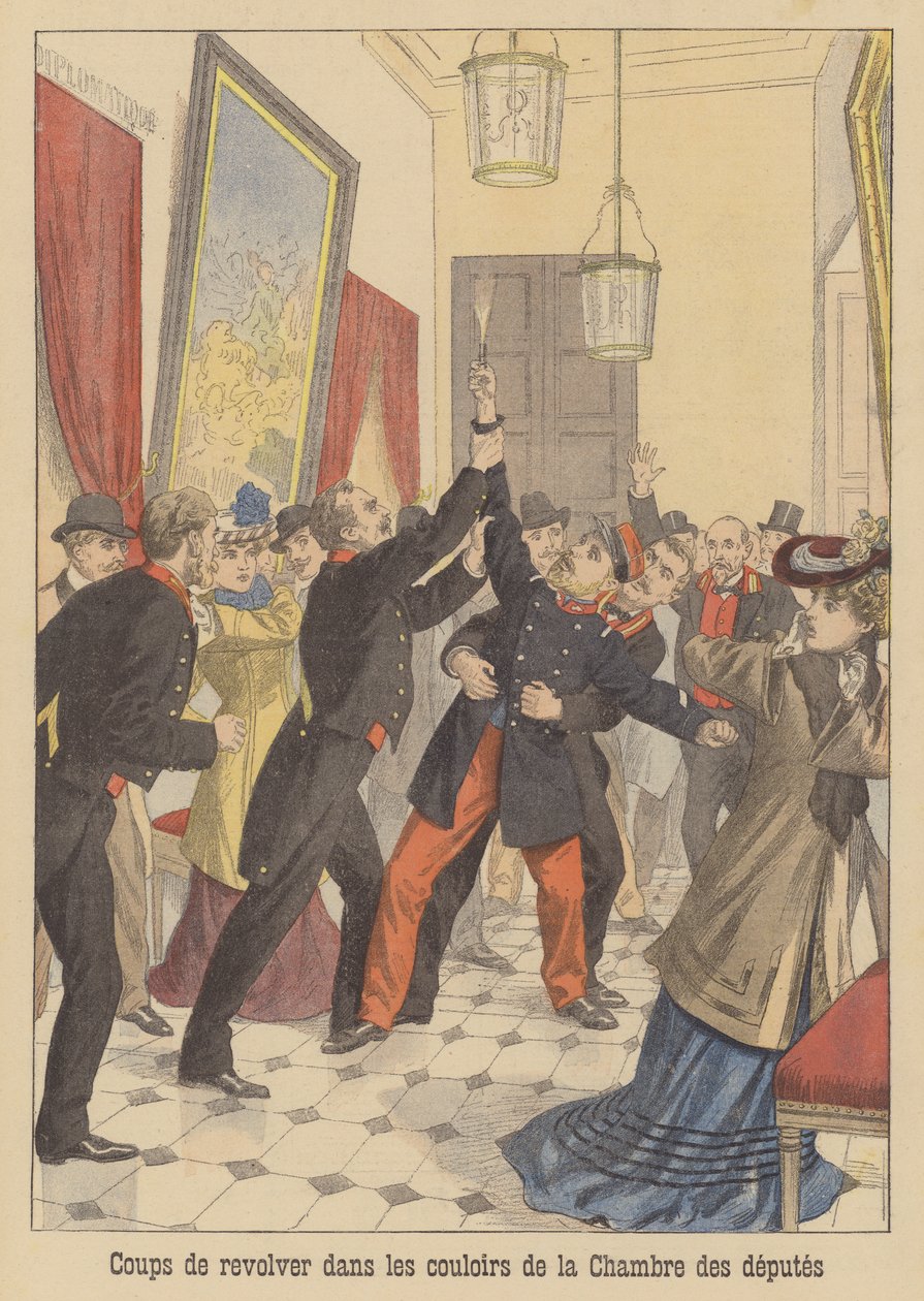 フランス下院の廊下での銃声（カラーリトグラフ） 作： フランス語学校