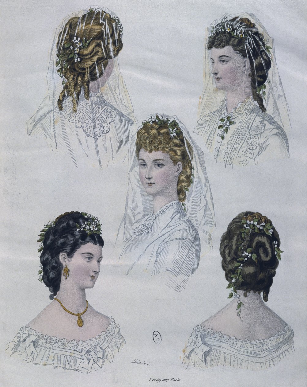 ヘアスタイル、ラモードのイラストillustree、1872（カラー彫刻） 作： フランス語学校