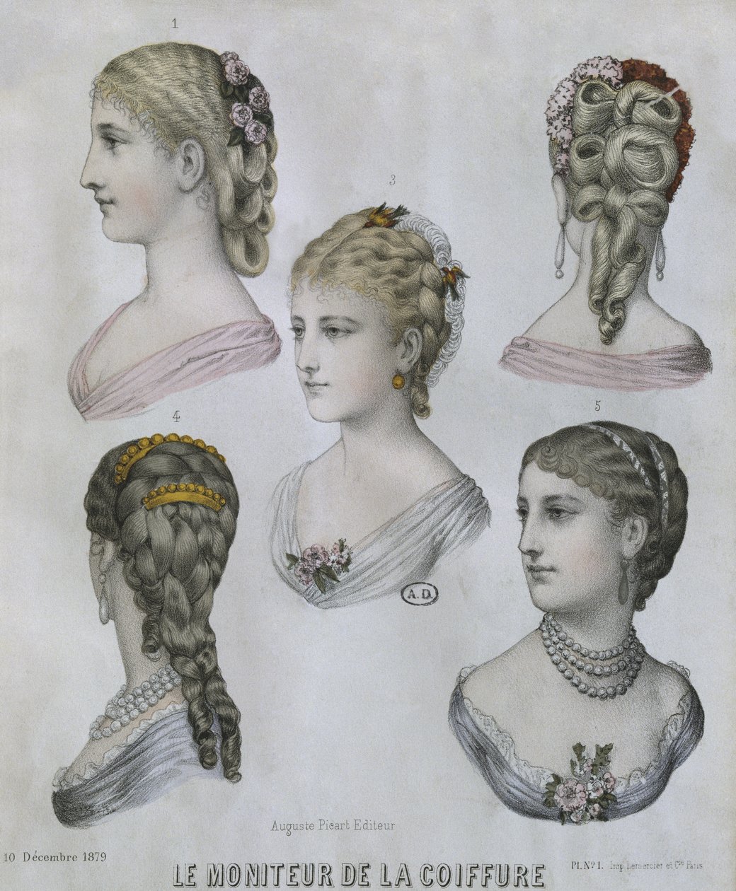 ヘアスタイル、1879年12月10日、ルモニテュールデラヘアのイラスト（カラー彫刻） 作： フランス語学校