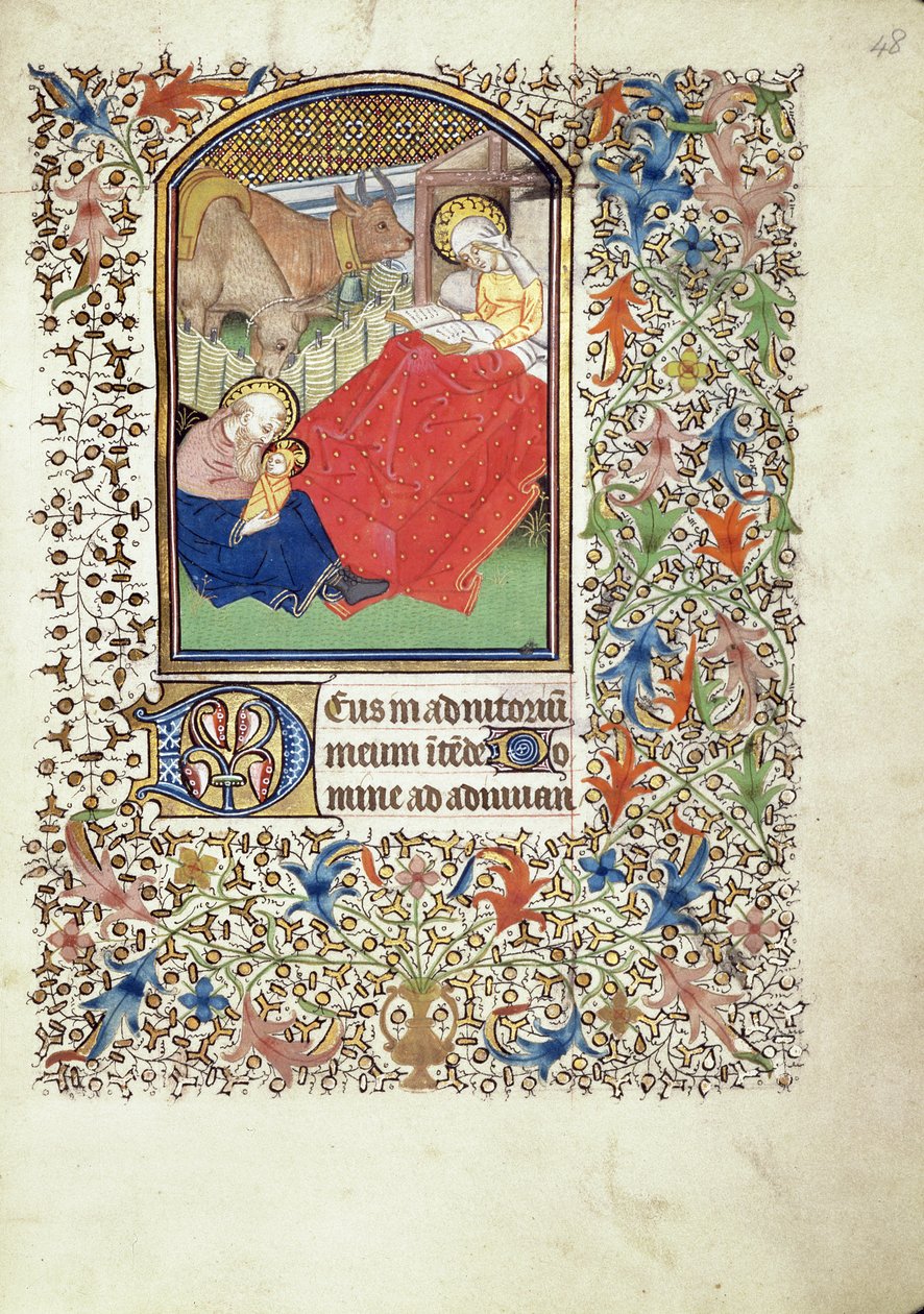 写本 69 f.48r、「イエスの誕生」、「ジャック・ド・ブザンソンの巨匠」の時間の書より 作： フランス語学校