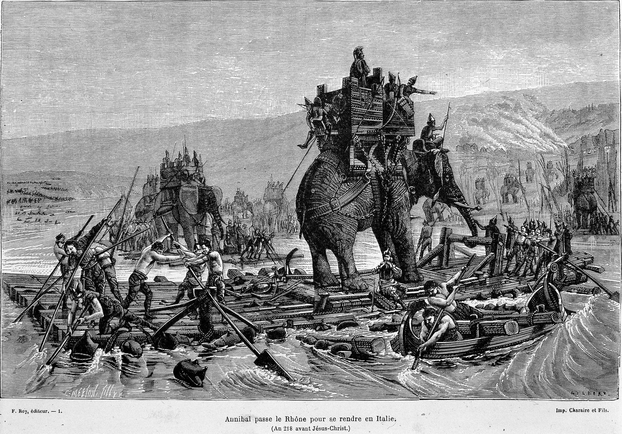 ハンニバルがローヌ川を通過してイタリアへ（紀元前218年） - "France and the French through the centuries" にて 作： フランス語学校