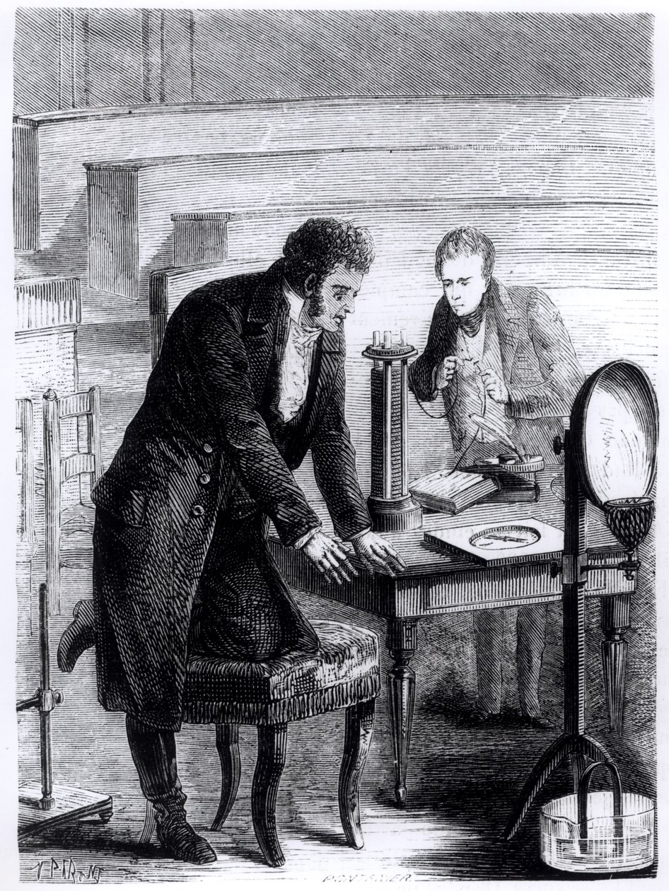ハンスクリスチャンエルステッド（1777-1851）が1820年に閉電流によって磁気針の偏差を発見した、ルイフィギエ（1819-94）によるLes Merveilles de la Scienceから、1867 作： フランス語学校