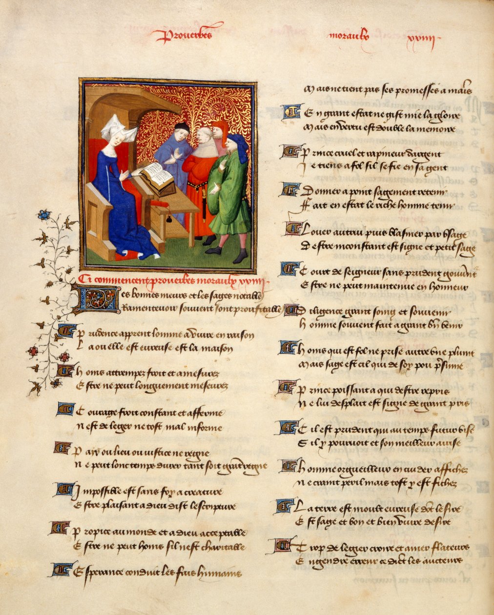 Harley 4431 volume II、f.259v 「The Book of the Queen」の「Proverbes moraux」の冒頭で道徳的なことわざを読んでいる女性のミニチュア、Christine de Pizan作、c.1410-14 ベラムで） 作： フランス語学校
