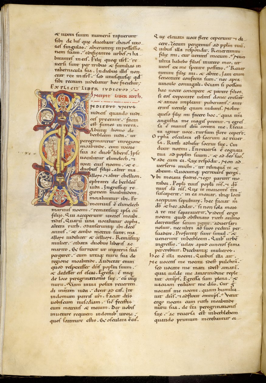 ハーレー 4772 f.120v ルツの書、「モンペリエ聖書」のオープニング ページ (羊皮紙にインクとカラー) 作： フランス語学校