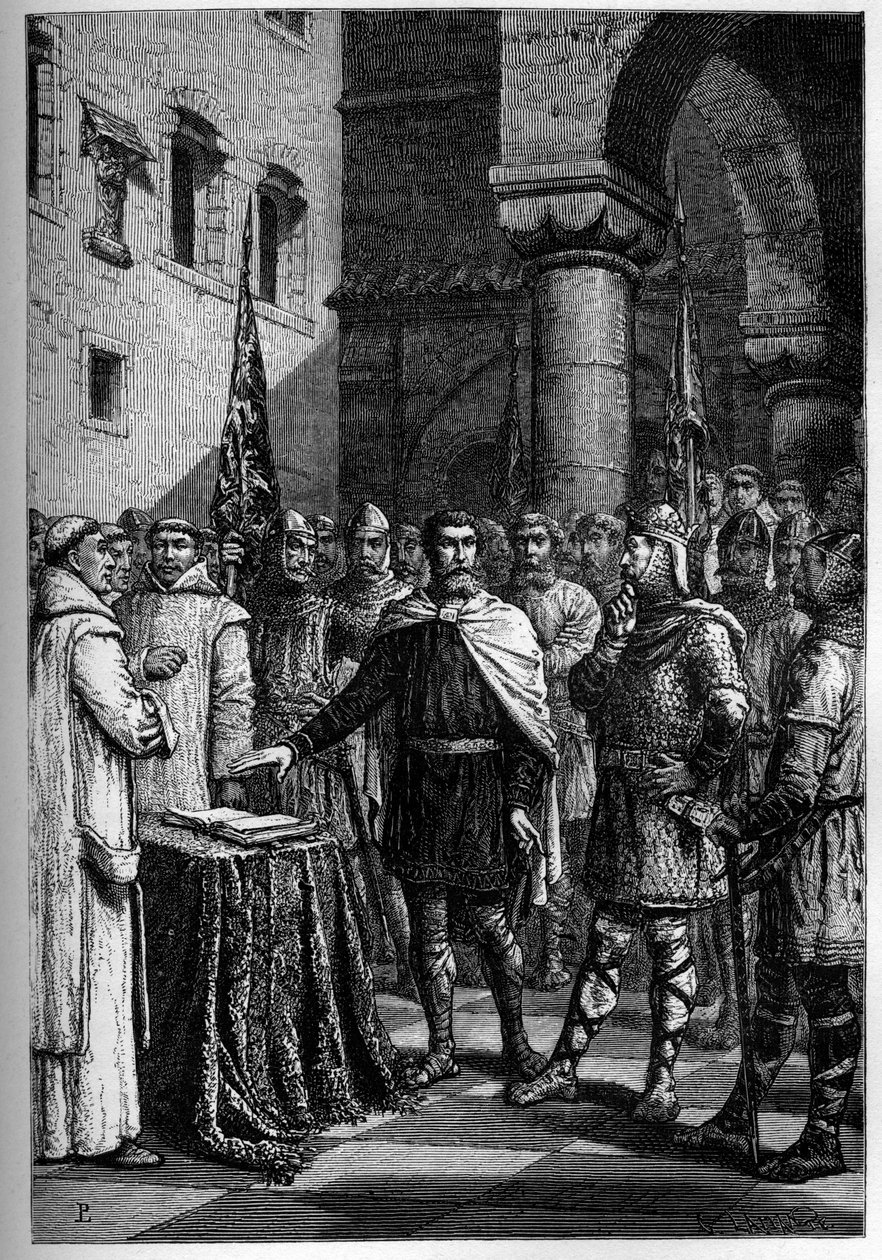 Harold, König der Engländer, schwört Wilhelm, Herzog der Normandie (Wilhelm I.), Treue - Harold II. (1020-1066), letzter angelsächsischer König, gekrönt 1064, schwört auf die heiligen Reliquien vor Wilhelm I. dem Eroberer, seine Sache auf dem Thron von Eng von French School