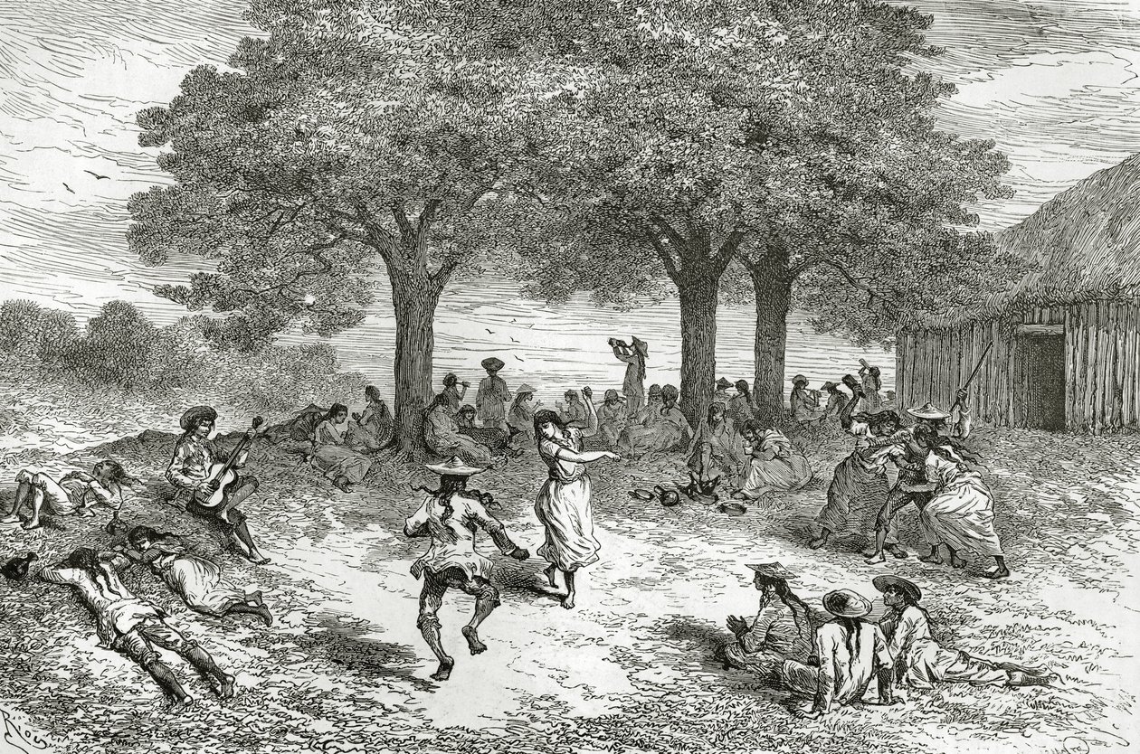 コカの収穫、ペルー、ルトゥールデュモンド誌のイラスト、1877年 作： フランス語学校