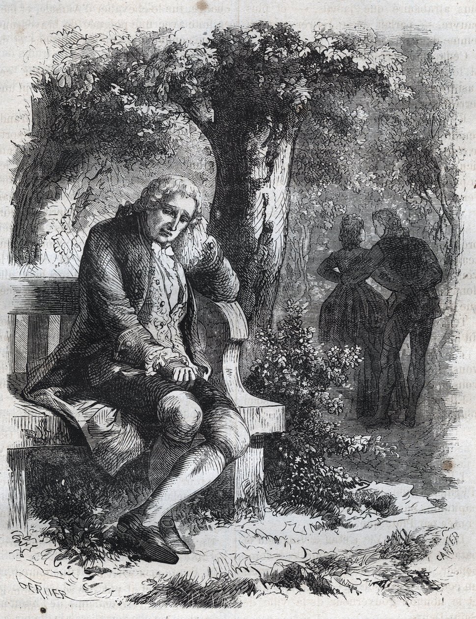 彼はキスのささやきを聞いた。"スイスの哲学者ジャン・ジャック（Jean Jacques）ルソー（1712-1778）は、伴侶のマリー・テレーズ（Marie Therese）ル・ヴァッスール（Levasseur）（1721-1801）を完全な不倫状態で驚かせます。Histoire Des Cocuses』に掲載された1871年のエングレーヴィング 作： フランス語学校