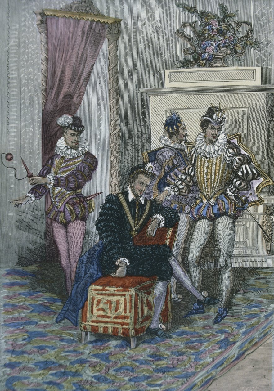 アンリ3世（1551〜89年）と彼のお気に入り（カラー彫刻） 作： フランス語学校