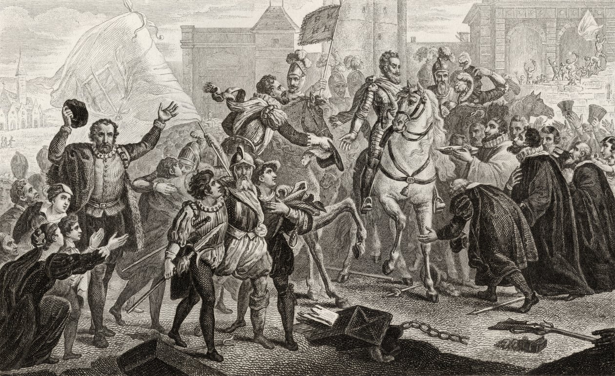 アンリ4世（1553-1610）は、1840年に出版されたコラートの「フランスの歴史」から1594年にパリに入りました。 作： フランス語学校