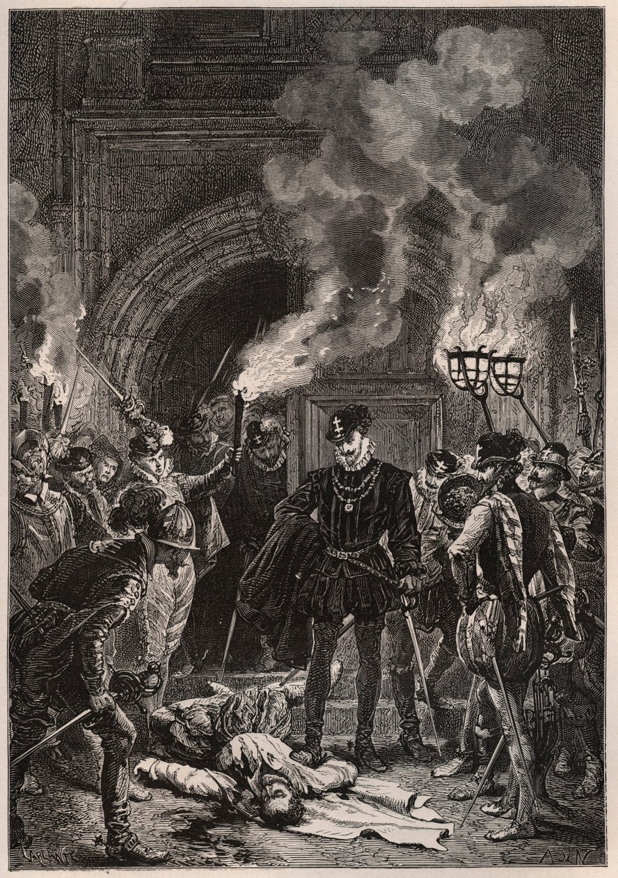 Heinrich I. von Lothringen (1549-1588), Herzog von Guise, betrachtet die Leiche von Gaspard II. von Coligny (1519-1572) - am Morgen des Saint-Barthelemy, 24. August 1572 (Saint Barthelemy) - Französischer protestantischer Admiral und religiöser Führer Coli von French School