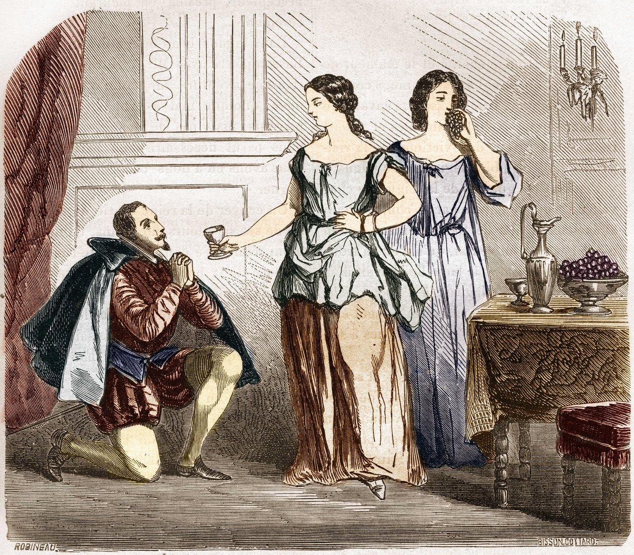 Heinrich IV. (1553-1610), König von Frankreich, wird von halbnackten Frauen bedient. Gravur in „Die Geschichte der Prostitution und Ausschweifung bei allen Völkern der Welt von der Antike bis heute“ von Dr. Th. -F. Debray. 1879. von French School