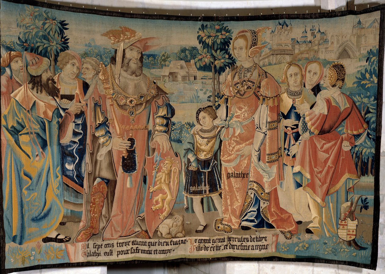 紀元前1713年、アレクシアの街の前で、妻のガラテーと息子のガラテーを廷臣たちに囲まれたリビアのヘラクレス。アラスの工房で作られた「ガウルス人の素晴らしい歴史」のタペストリー。1530年 ボーヴェ、博物館の部門別博物館 作： フランス語学校