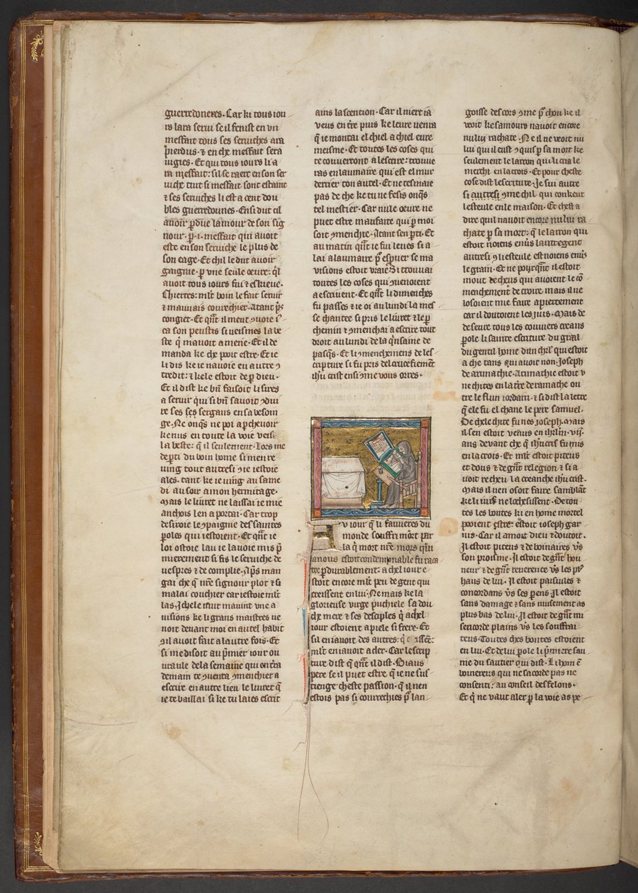 「Estoire del Saint Graal、La Queste del Saint Graal、Morte Artu」の机で書いている隠者、c.1315-25（羊皮紙のインク） 作： フランス語学校