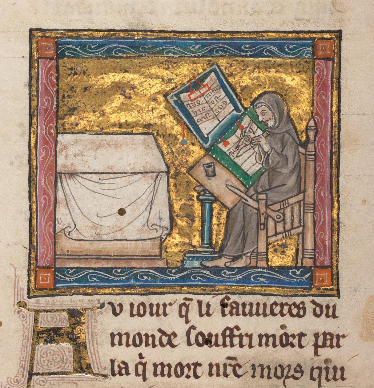 机で書く隠者、「Estoire del Saint Graal、La Queste del Saint Graal、Morte Artu」のミニチュア、c.1315-25（羊皮紙のインク） 作： フランス語学校
