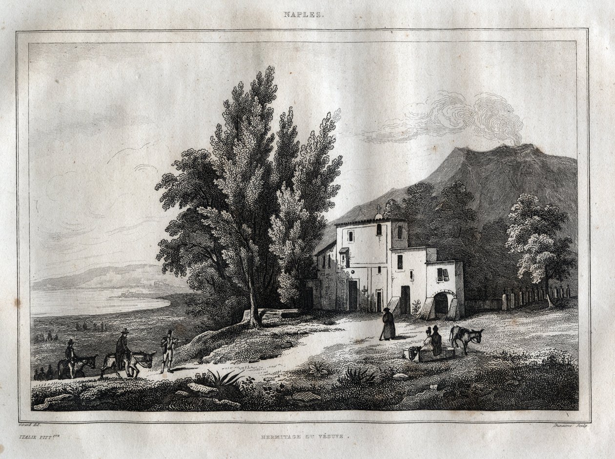 ヴェスヴィオ山のエルミタージュ - ERMITAGE DU VESUVE NAPLES ITALY - Vesuvio M. de Norvins, Ch. Nodier 1834-1836による "Picturesque Italy" - History and Descriptive Painting of Italyからのエングレーヴィング。 作： フランス語学校
