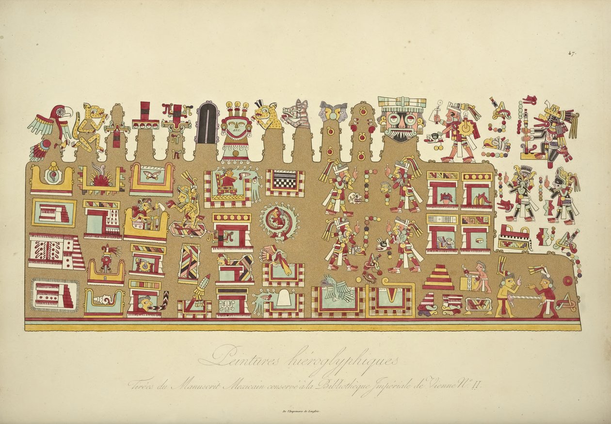 ウィーン帝国図書館に保存されていたメキシコ写本IIの象形文字の絵画、アレクサンダーフォンHによるコルディジェラの眺めとアメリカ先住民の記念碑のイラスト 作： フランス語学校