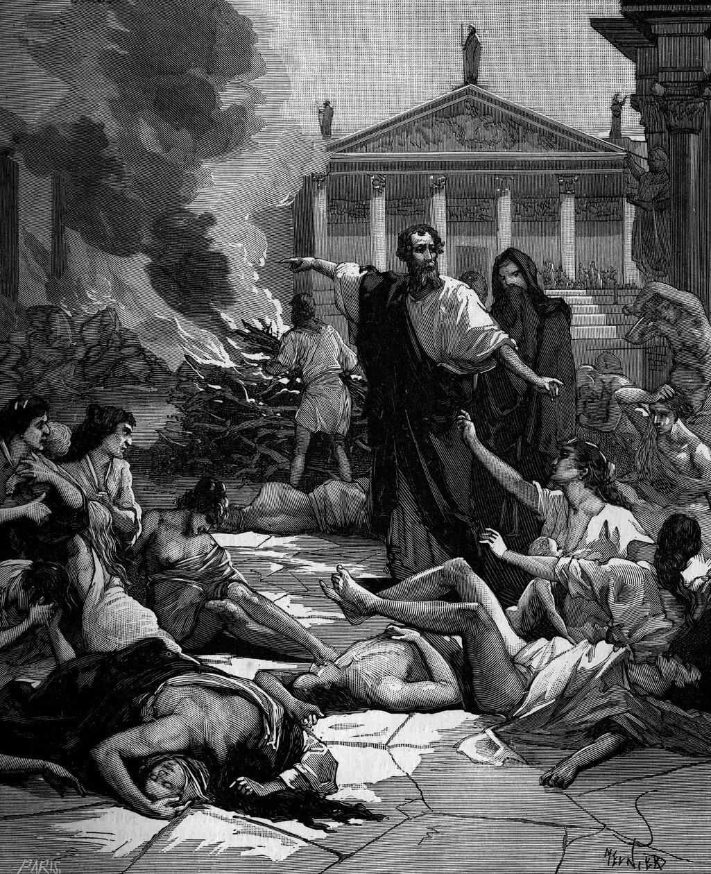 ヒポクラテス（ギリシャ語でHippokrates）ギリシャの医師（紀元前460年から380年）アテネスに到着し、大きな火を灯して疫病を退治する。 作： フランス語学校