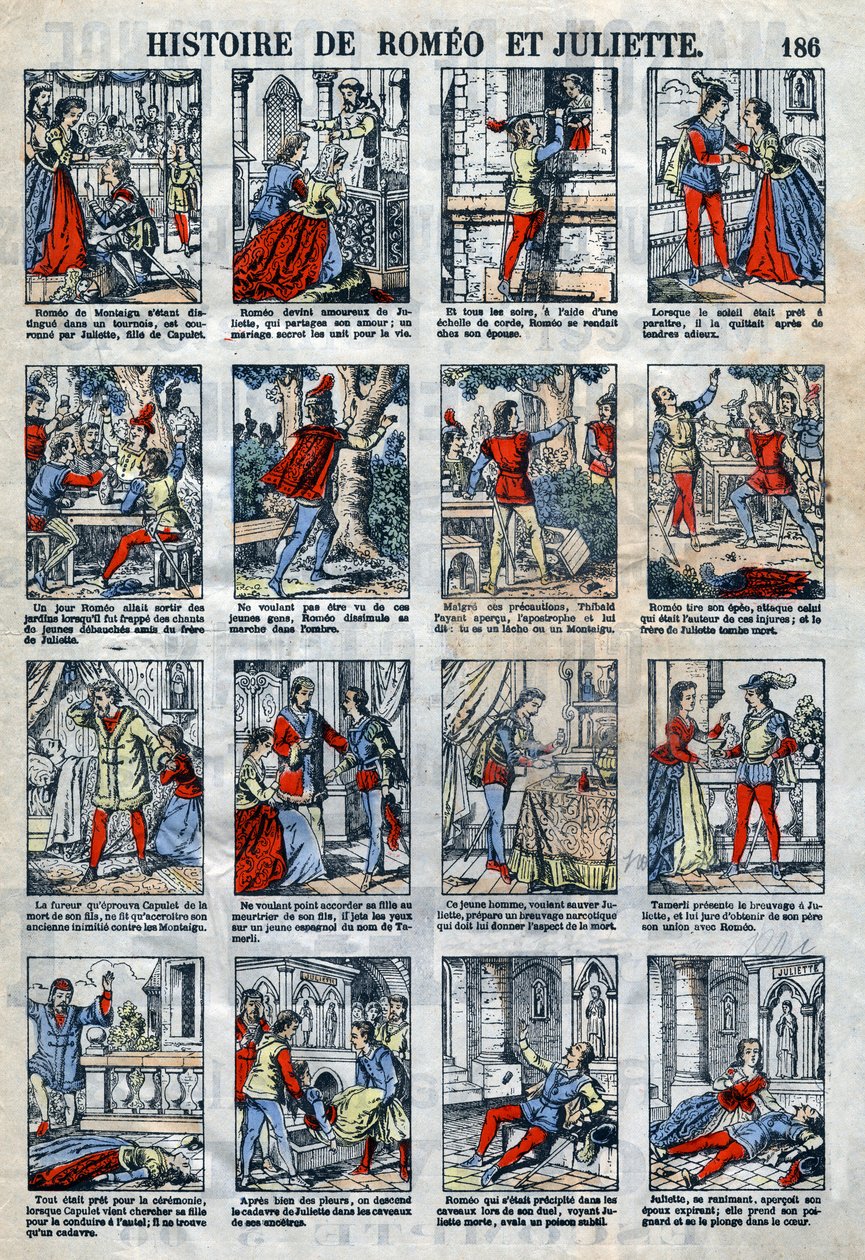 ウィリアム・シェイクスピアの戯曲（1564-1616）の後のロミオとジュリエットの歴史。19世紀末からのエピナルイメージング。 作： フランス語学校
