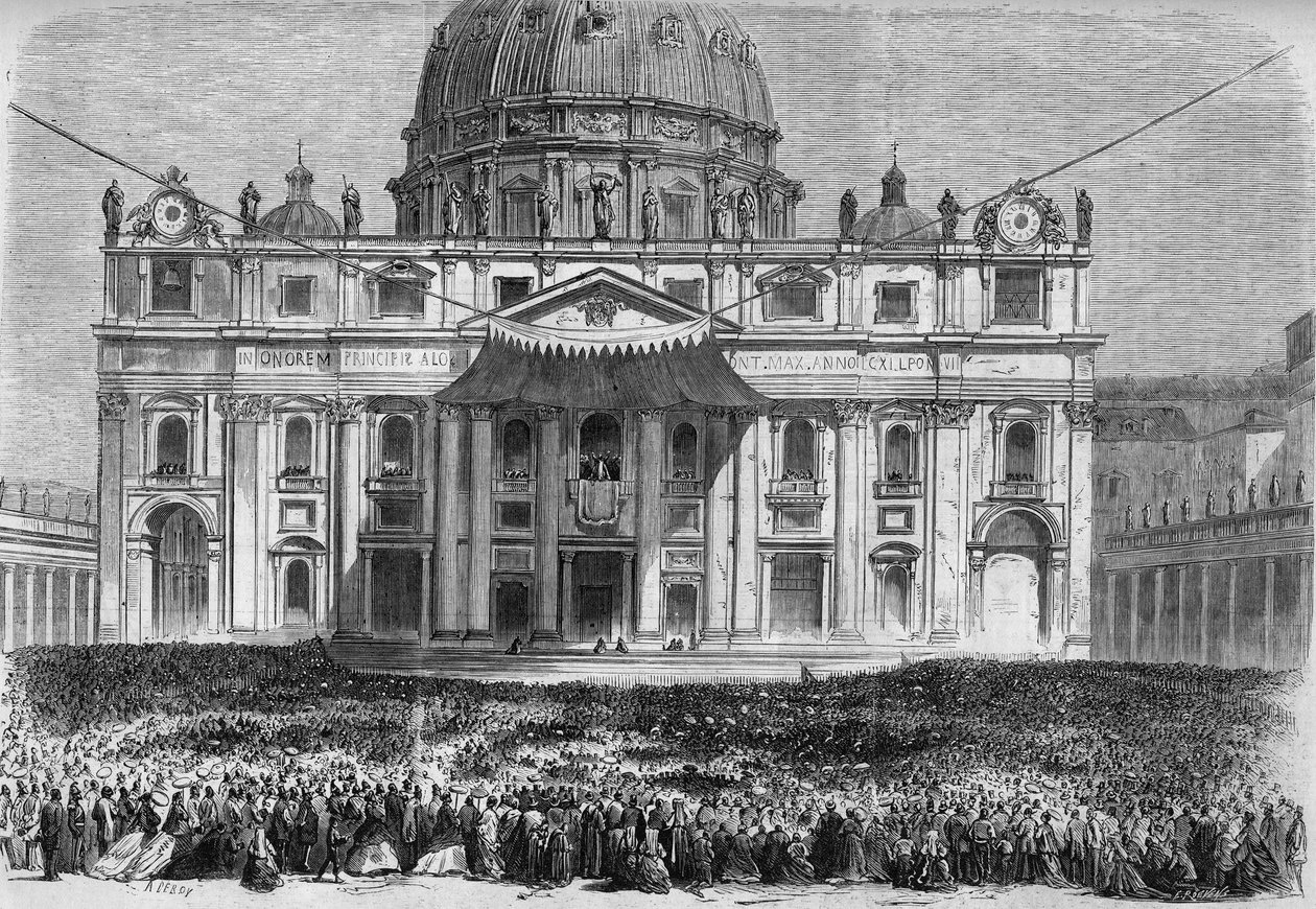 ローマの聖週間：聖木曜日と復活祭の日曜日に行われる祝福の「ウルビ・エト・オルビ」の際のローマのサン・ピエトロ広場（サン・ピエトロ広場）の様子。1867年5月11日の "Le Monde Illustré "526号に掲載されたエングレーヴィング。 作： フランス語学校