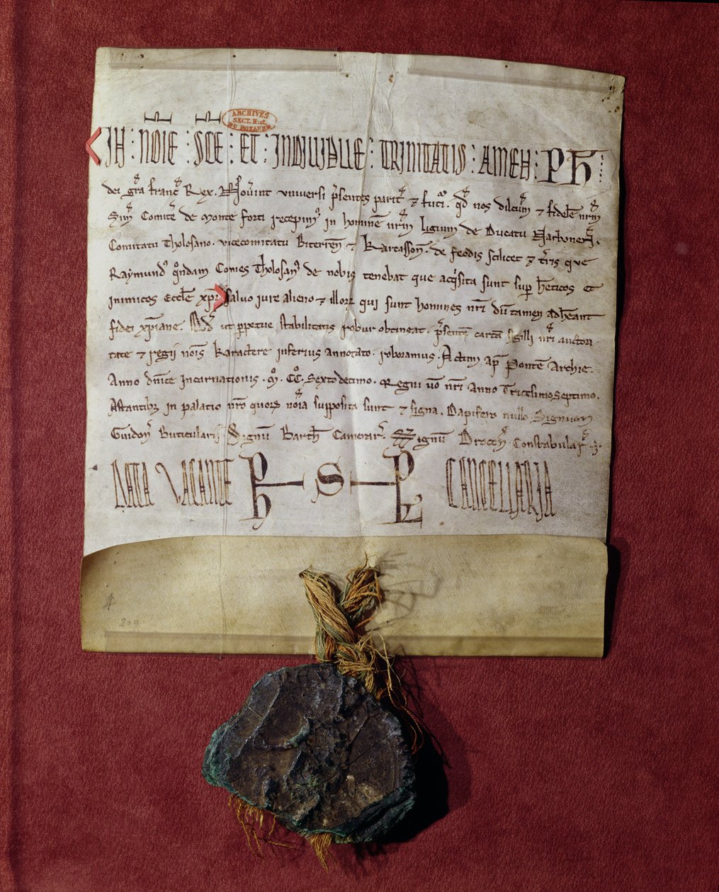 レイモンド6世（1197-1249）c.1216から没収された領土に対するSimon de Montfort（c.1160-1218）からのフィリップ2世（1165-1223）へのオマージュ 作： フランス語学校