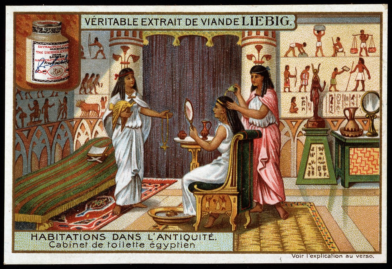 古代の家。エジプトのバスルーム - リービッヒの広告ステッカー 作： フランス語学校