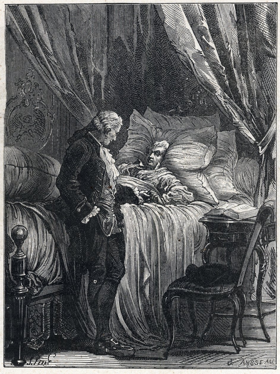 ミラボー伯爵（1749-1791）のオノレ・ガブリエル（Honore-Gabriel）・リケティは、1791年に主治医のジョルジュ・カバニ（1757-1808）とともに臨終を迎えた。 作： フランス語学校