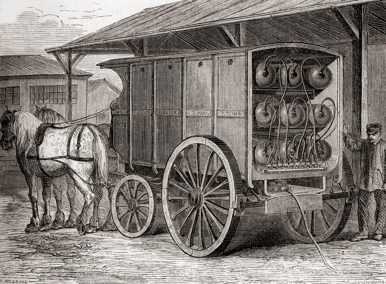 19世紀に圧縮ガスを携帯用容器に入れて輸送するために使用された馬車（1870年頃発行の「Les Merveilles de la Science」より）（彫刻）。 作： フランス語学校