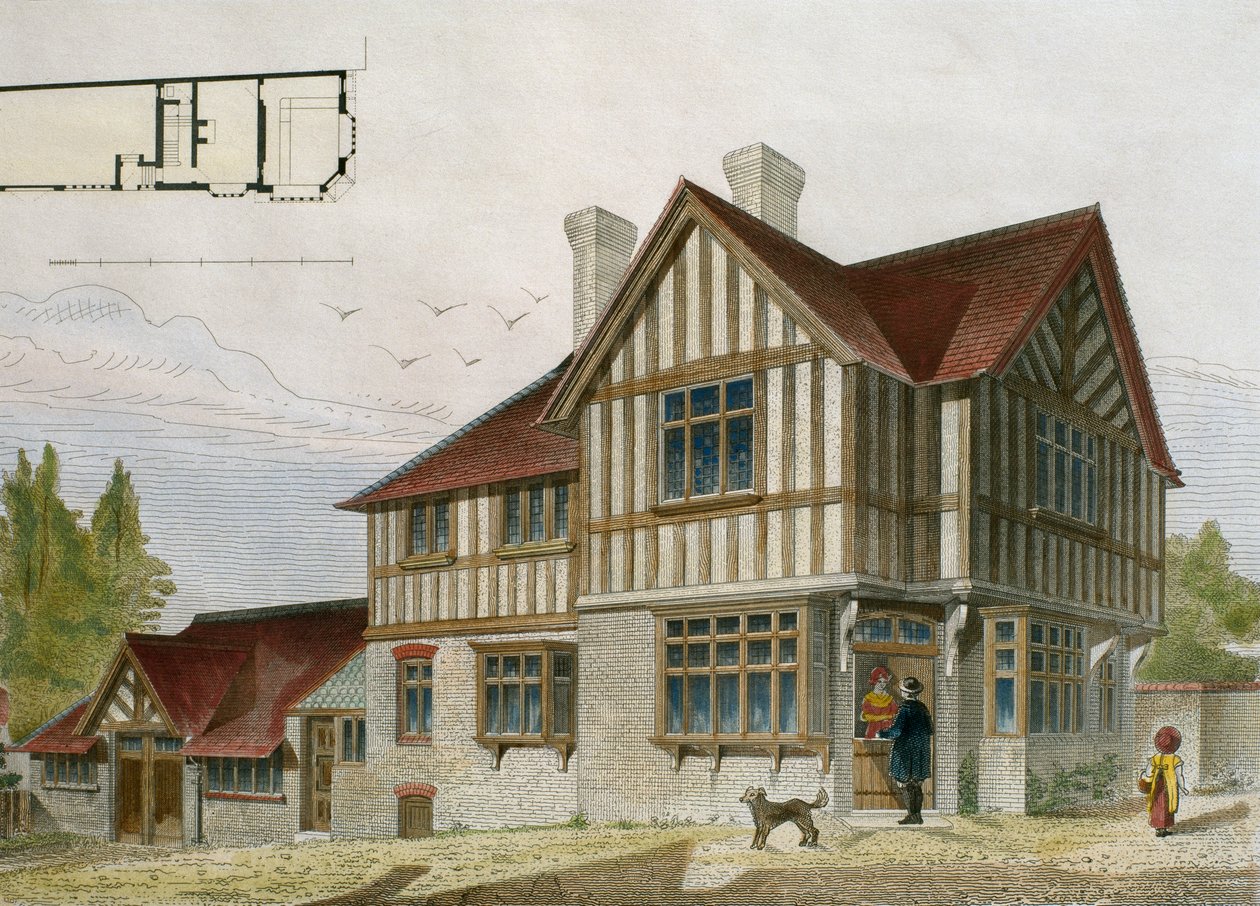 ロンドン地区の小さな店主の家、ルモニテュールデアーキテクツのイラスト、1884年、ポールルイベリーによって彫刻（19世紀）（色の彫刻） 作： フランス語学校