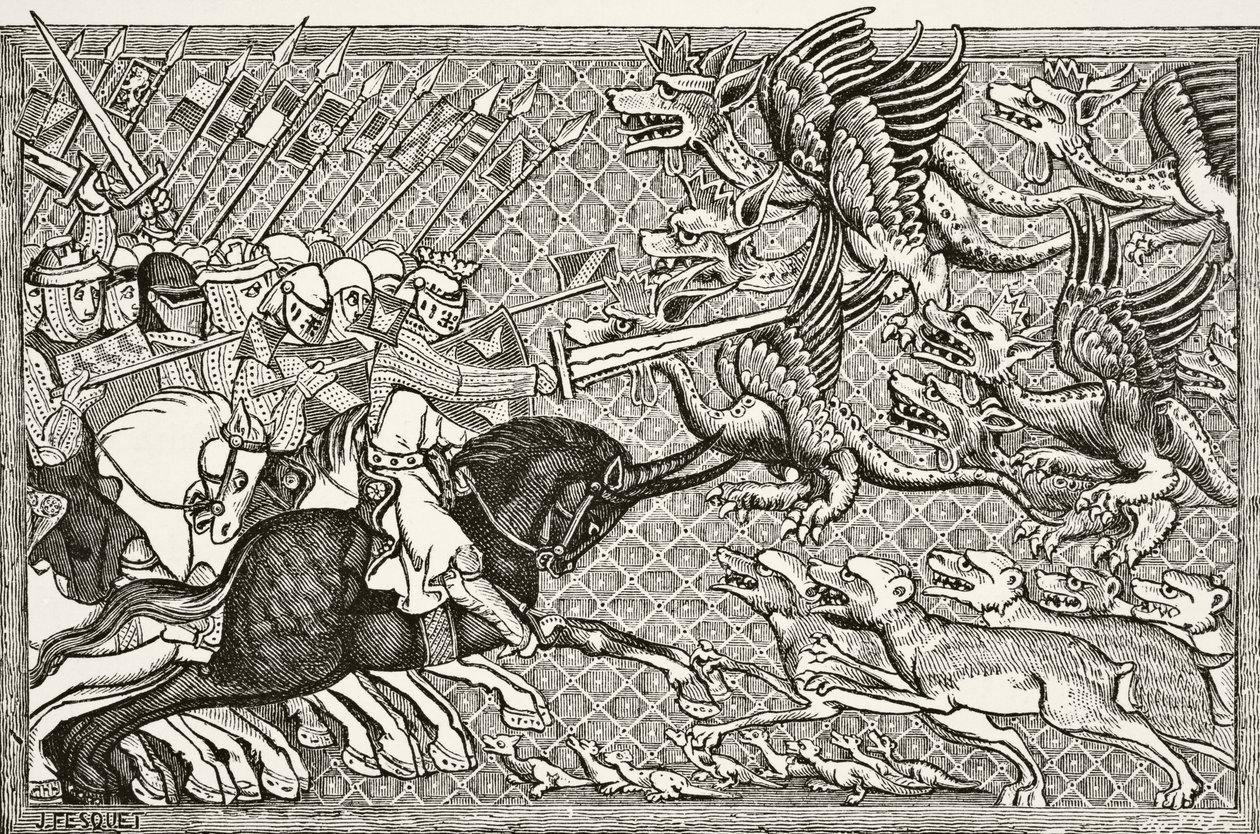 アレクサンダーがどのようにドラゴンと戦ったか、スコーピオンと呼ばれる獣の種は、「中世の科学と文学」からポール・ラクロワ（1806-84）によってロンドン1878年に出版されました 作： フランス語学校