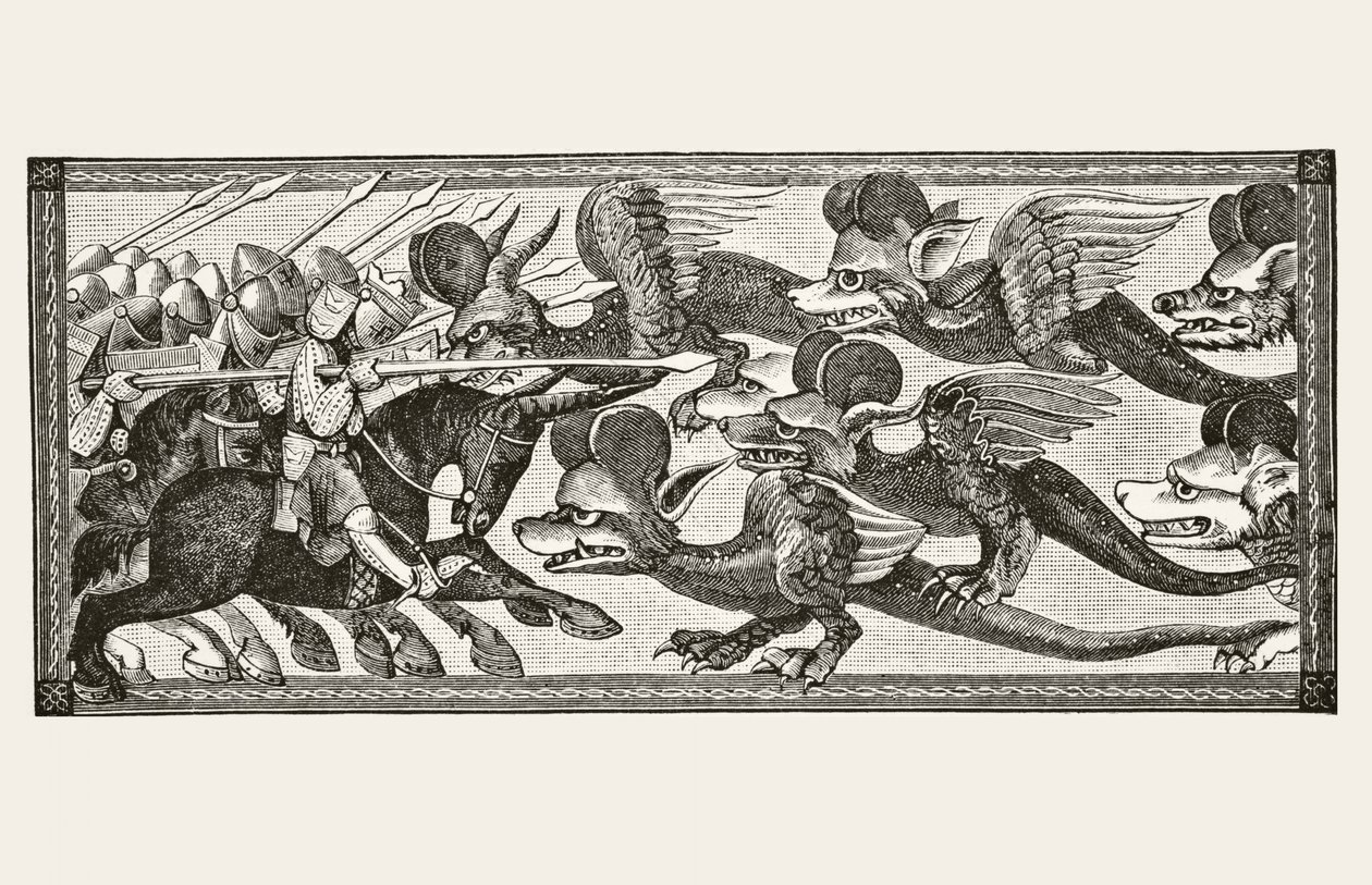 アレクサンダーが羊の角を額につけてドラゴンと戦った方法、「中世の科学と文学」（ポール・ラクロワ著、1806-84年）、ロンドン1878年 作： フランス語学校