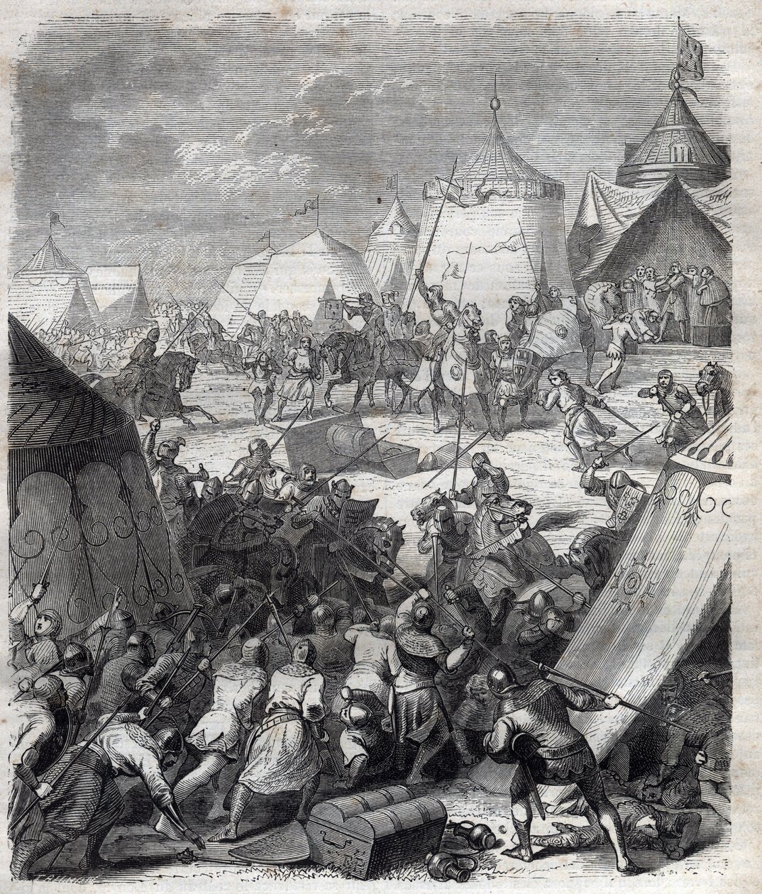 百年戦争：ポワチエの戦い（1356年）。モーリス・ラシャトレ著「ローマ教皇の歴史（...）世紀を超えた王妃と皇帝の犯罪」に掲載されている図版 作： フランス語学校