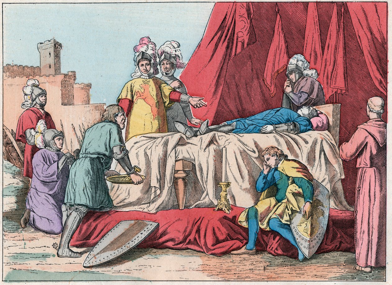 百年戦争：「La mort de Bernard du Guesclin (1320-1380) devant Chateauneuf de Randon le 13-07-1380」-デュゲスクリンの死（1380年7月13日のシャトーヌフ・ド・ランドンの包囲中）-「Nos Gires」にある19世紀末のエングレーヴィング。 作： フランス語学校
