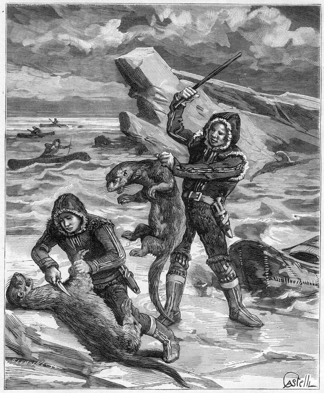 アラスカのラッコのハンター-1888年「Journal des Voyages」に掲載されたエングレーヴィング 作： フランス語学校