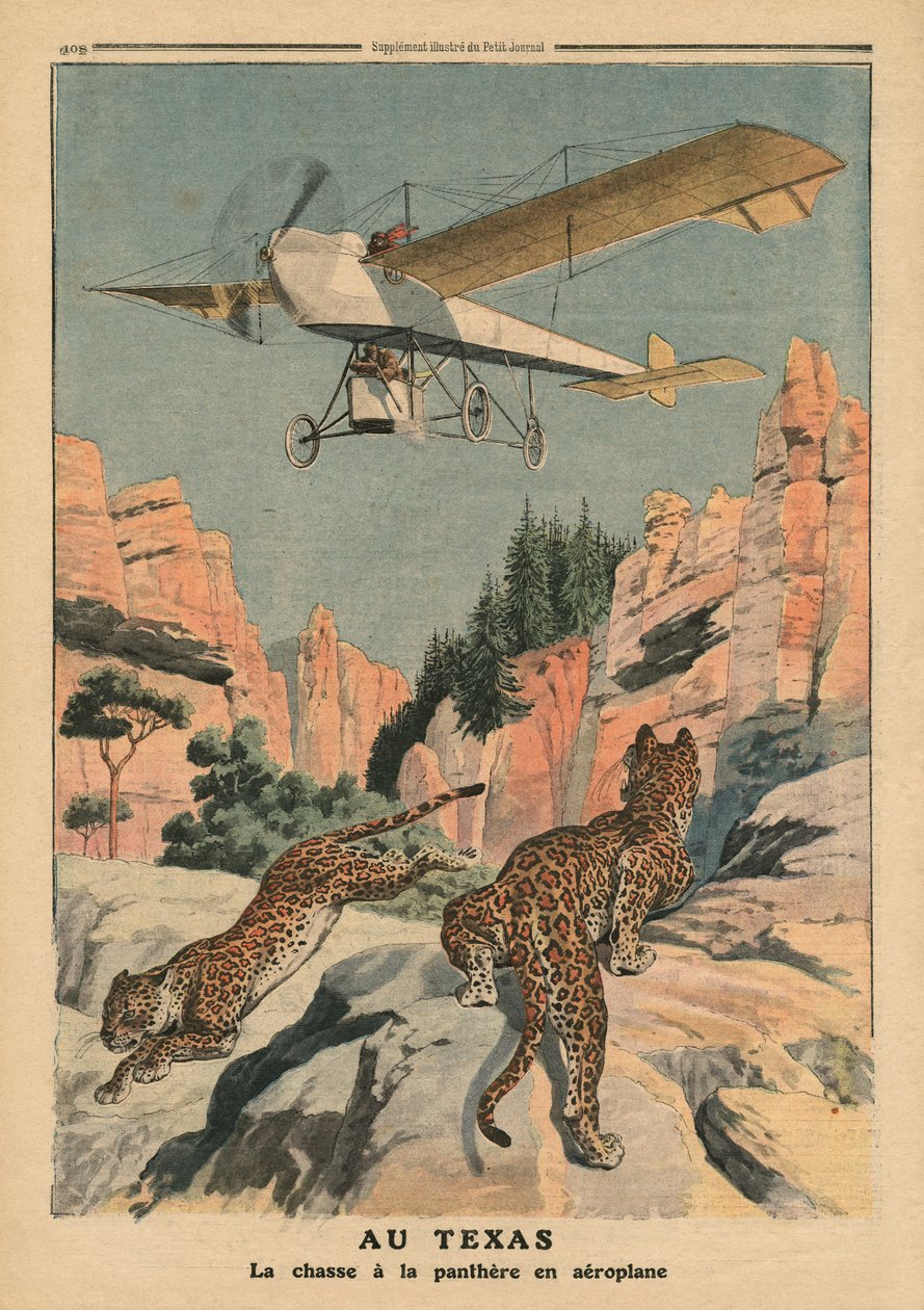 テキサスの飛行機からパンサーを狩る、「ルプチジャーナル」のイラスト、補足イラストレーター、1911年12月17日 作： フランス語学校