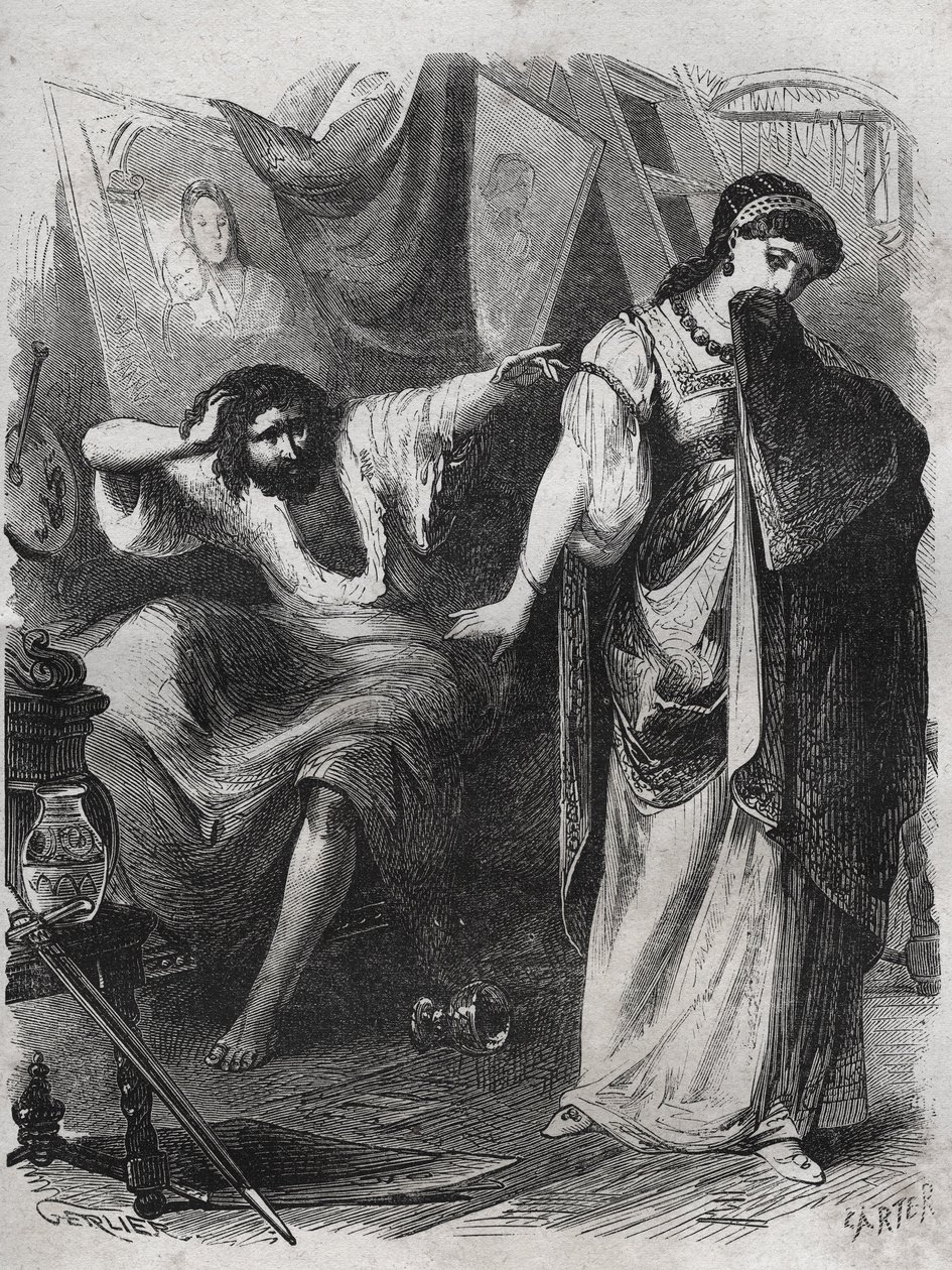 お願いです、ルクレツィア、すぐに私を捨てないでください。アンドレア・デル・サルト（1486-1530）と呼ばれる画家アンドレア・ダグノーロは、ペストの病気にかかり、妻のルクレツィア・デル・フェデに自分を捨てないでくれと懇願した。ヘンリー・ドの「Histoire Des Cocuses Celebres」に掲載されている1871年のエングレーヴィング。 作： フランス語学校