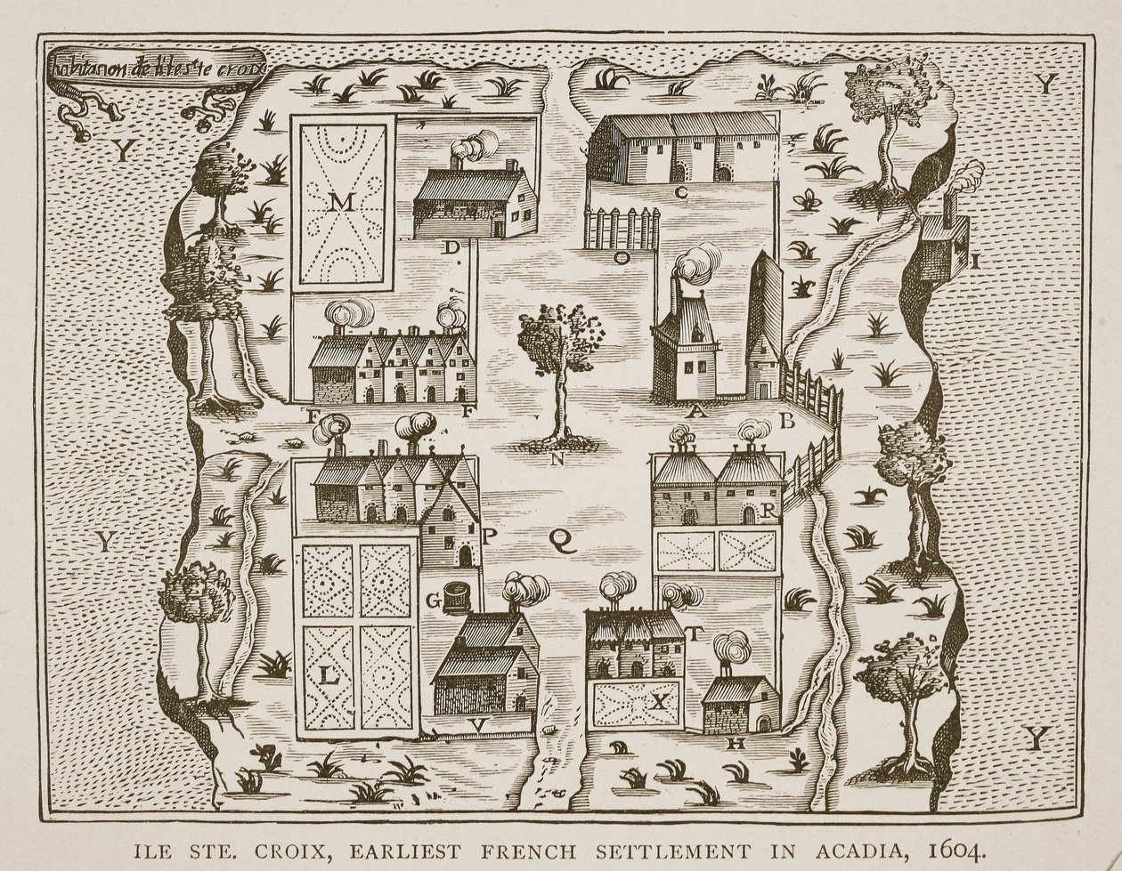 Ile Ste。サミュエルドシャンプラン（c.1580-1635）による航海からの、1604年のアカディアでのフランス領の最初の開拓地、クロワ、1613年 作： フランス語学校