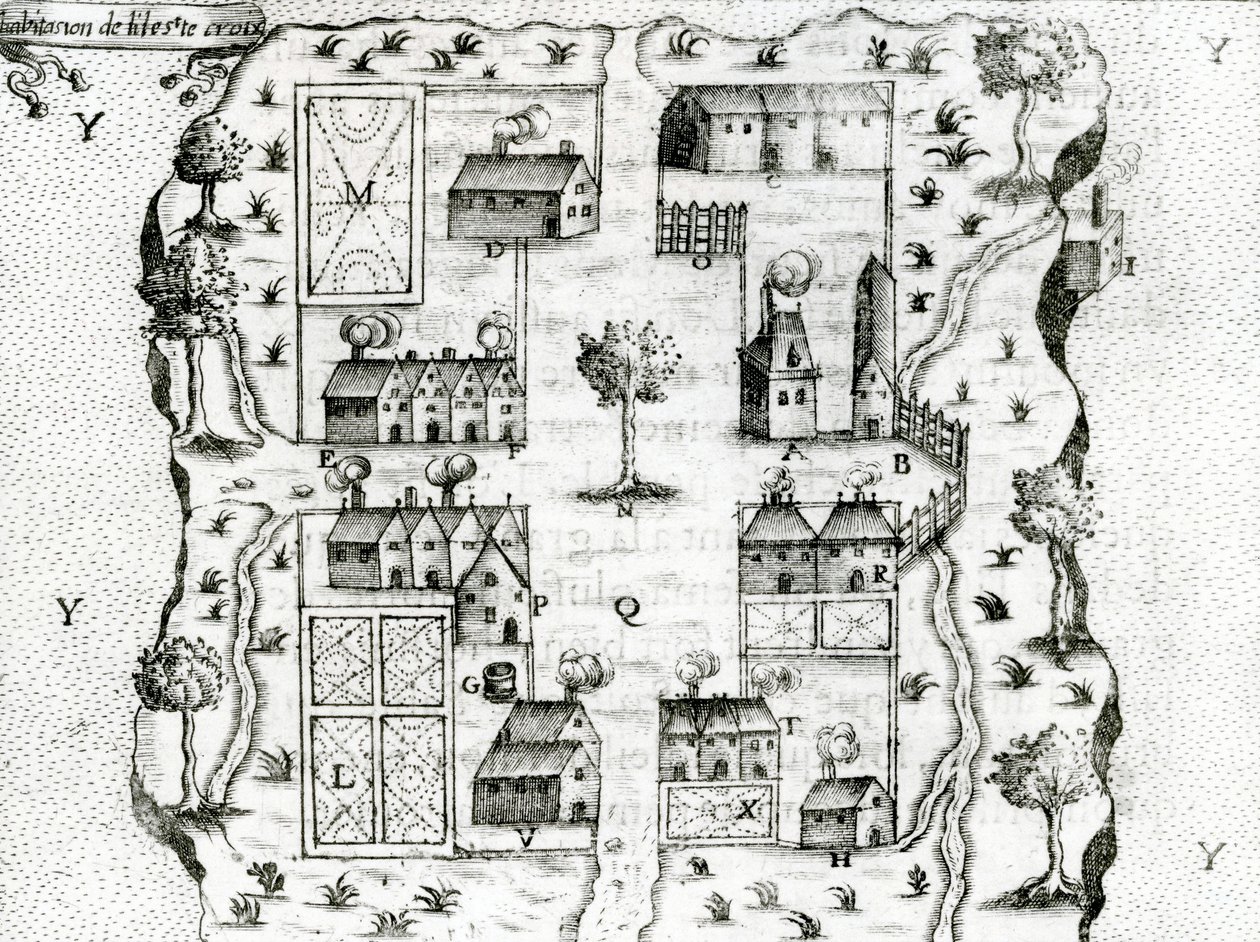 Ile Ste。サミュエルドシャンプラン（c.1580-1635）による航海からの、1604年のアカディアでのフランス領の最初の開拓地、クロワ、1613年 作： フランス語学校